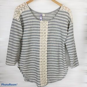 ALYA Cotton Blend Lace Crochet Detail Striped Top